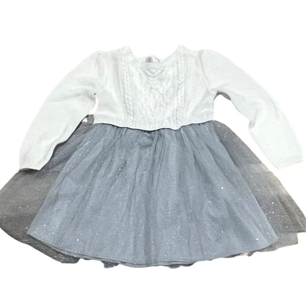 Gymboree Girls Dress Size 2T Gray Glitter Tulle Skirt Long Sleeve Knee